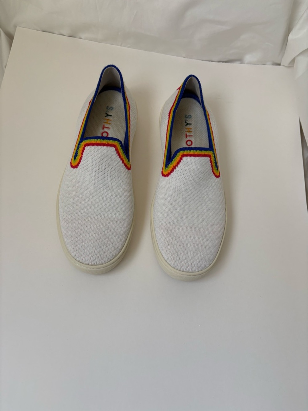 Rothy's White Knit Slip-On Flats with Rainbow Trim